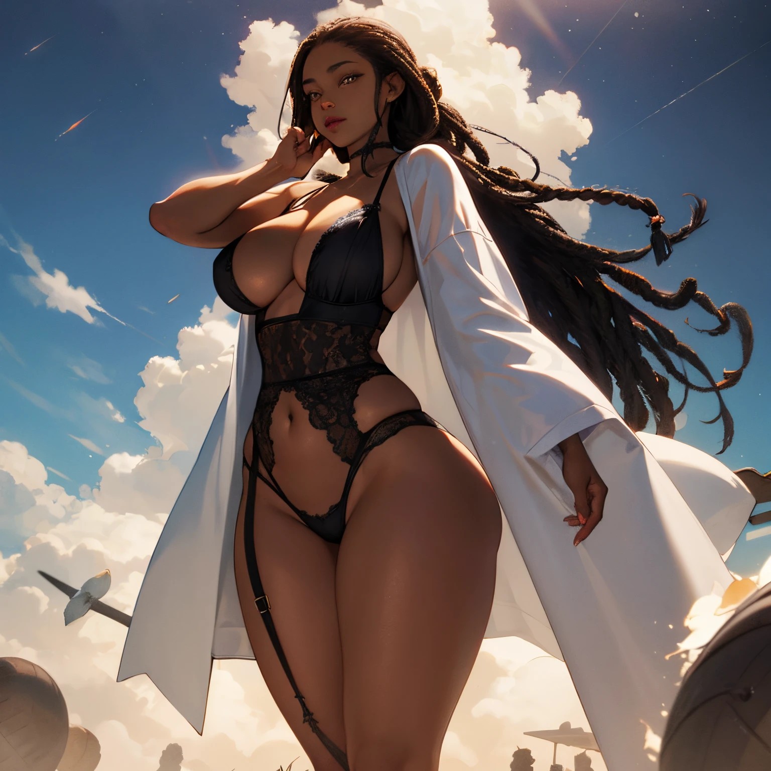 dark-skinned female, lingerie., poitrine, gros seins, voluptueux, thick thighs, Oppai, hanches larges, Sinueuse, gros cul, cul massif, dreadlocks