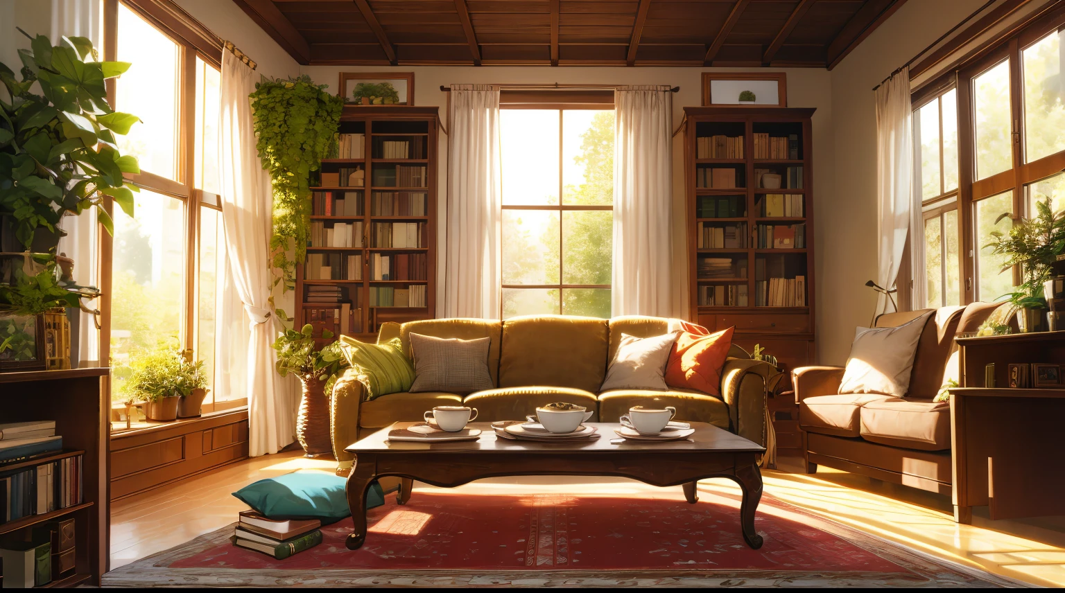 cozy living room，window，sofe，book case，Tea table，tea set，Greenery，carpets，