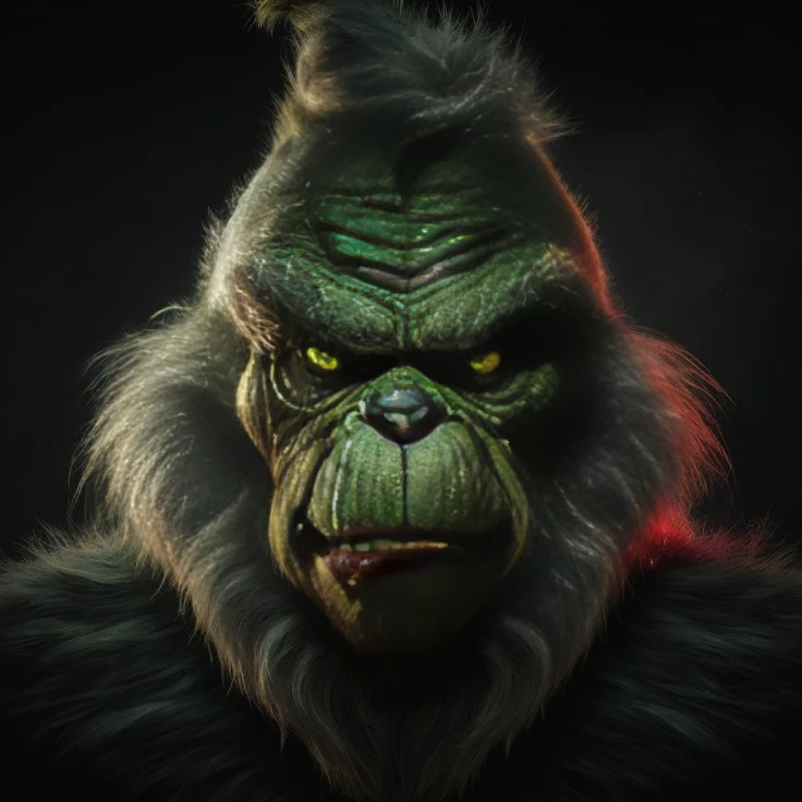 a close up of a gorilla with a green face and red eyes, the grinch, mr. grinch, wojtek fus, ultra realistic concept art, 4 k hd fur face!!!, by Darek Zabrocki, orc themed, angry sasquatch, cgsociety ), orc, hyper realistic fantasy monster, zbrush 3 d render