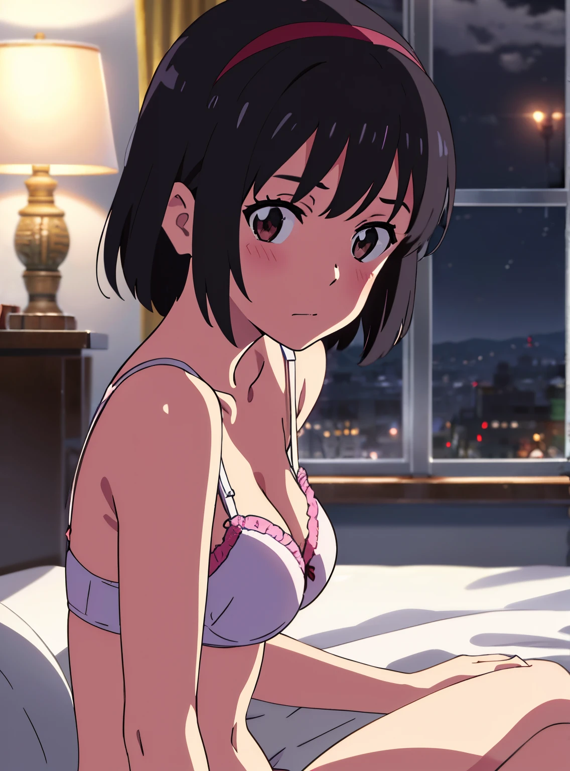 shinkai makoto, kimi no na wa., 1girl, bangs, black hair, brown eyes, red headband, red ribbon, short hair, solo, blush, looking at the viewer, sexy pose, cute, bedroom, night, lamp, light off, white bra, breast, medium breast, white, panties, masterpiece,