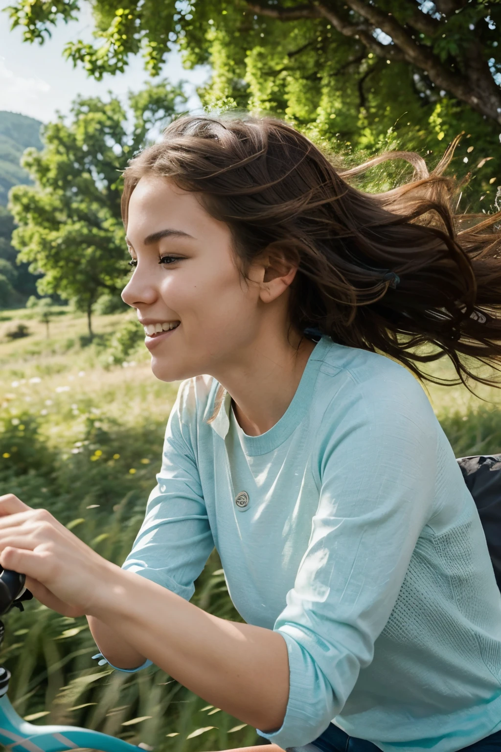 Generate an image of a beautiful girl gracefully cycling through a scenic landscape. Envision her enjoying the ride, with the wind gently tousling her hair and the surroundings reflecting the joy and freedom of a leisurely bike ride. Capture the simplicity and beauty of the moment, emphasizing the natural elegance of the cycling experience