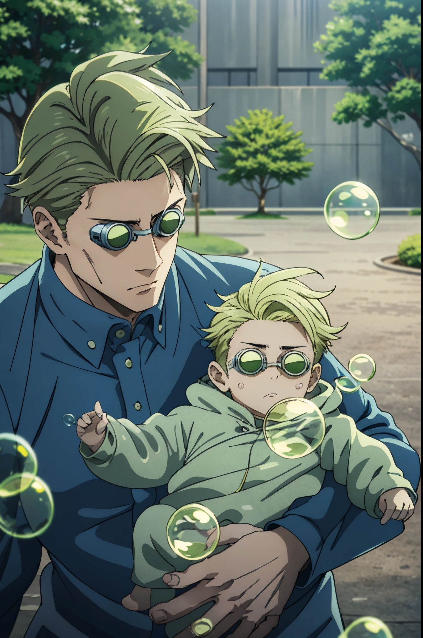 araffe man holding a baby in a park with bubbles,((KentoNanami)),masterpiece,highres,high quality,extremely detailed,goggles,tinted eyewear,serious,formal,