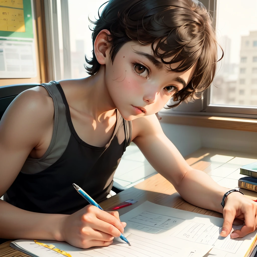 Elementary school boy with short brown hair， Black eyes, Orange Tank Top Shirt，Elementary school boy passing notepaper, Illustration.