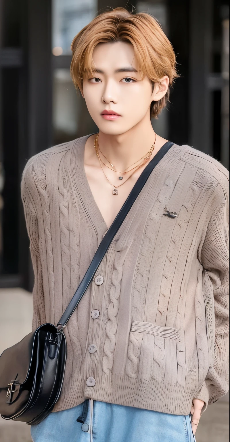 a closeup of a person wearing a sweater and a bag, Cai Xukun, Jung Jaehyun, inspirado por Zhang Han, Ulzzang masculino, he is wearing a brown sweater, JIA, cardigan, muy guapo, lv jewelry, delicate androgynous prince, Kim Doyoung, extremadamente guapo, 8 mil ), usando varios colgantes, inspirado por Bian Shoumin