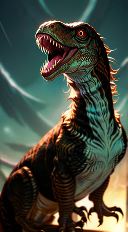 A velociraptor emerges from the darkness from the front.。