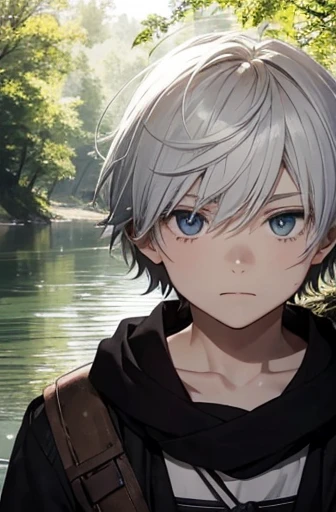 I Want To Make A Light Novel Cover. It Show A Boy In The River Bank In A Forest. He Is A Boy With Short White Hair. His Hair Is Dull And Messy. His Eyes Is Black. He Is . His Face Is Quite Pale. He Has A Flat Expression. He Wear A Black Cloth. He Is One Of Bandit Gank.