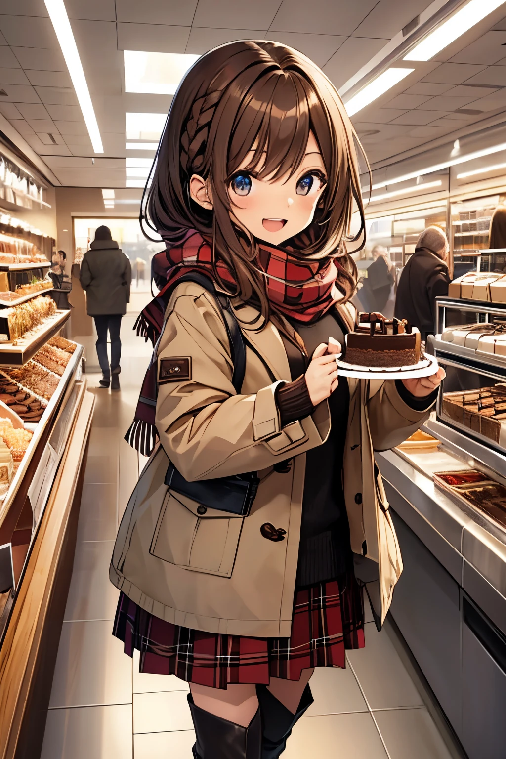 (Holding a chocolate whole cake both hands:1.3), (masterpiece), (best quality), high resolution, ultra detail, photorealistic, 8K, intricate face, detailed body, detailed face, cute,
BREAK
1girl, , cute girl, middle breasts, narrow waist, athletic body, single braid, brown hair
BREAK
khaki down coat, red checked scarf, black flare jumper skirt, black boots, cake shop, smile, open mouth,
