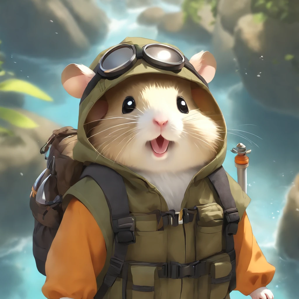 1 cute hamster adventurer、(garments:Hamster adventurer wears a lightweight yet hard-wearing adventure outfit。This outfit can include a camo-colored adventure vest,Plenty of pockets for carrying gadgets and food。It can also wear an adventure hat,The hat has a string tied to the chin,To prevent being blown away by the wind while traveling)。(equip:Hamster adventurer carries a small backpack,A rope tied to the backpack,Easy to carry。A backpack filled with essential adventure tools,like a small compass、folding telescope、Multifunctional knife, etc.。It may also carry a small trekking pole,to help travel in rough terrain),Dutchman、Caribbean、Sail ships、adventuring、mod、Thrilling、treasures、adventurer、islands、originality、imagination,Dressed animals page