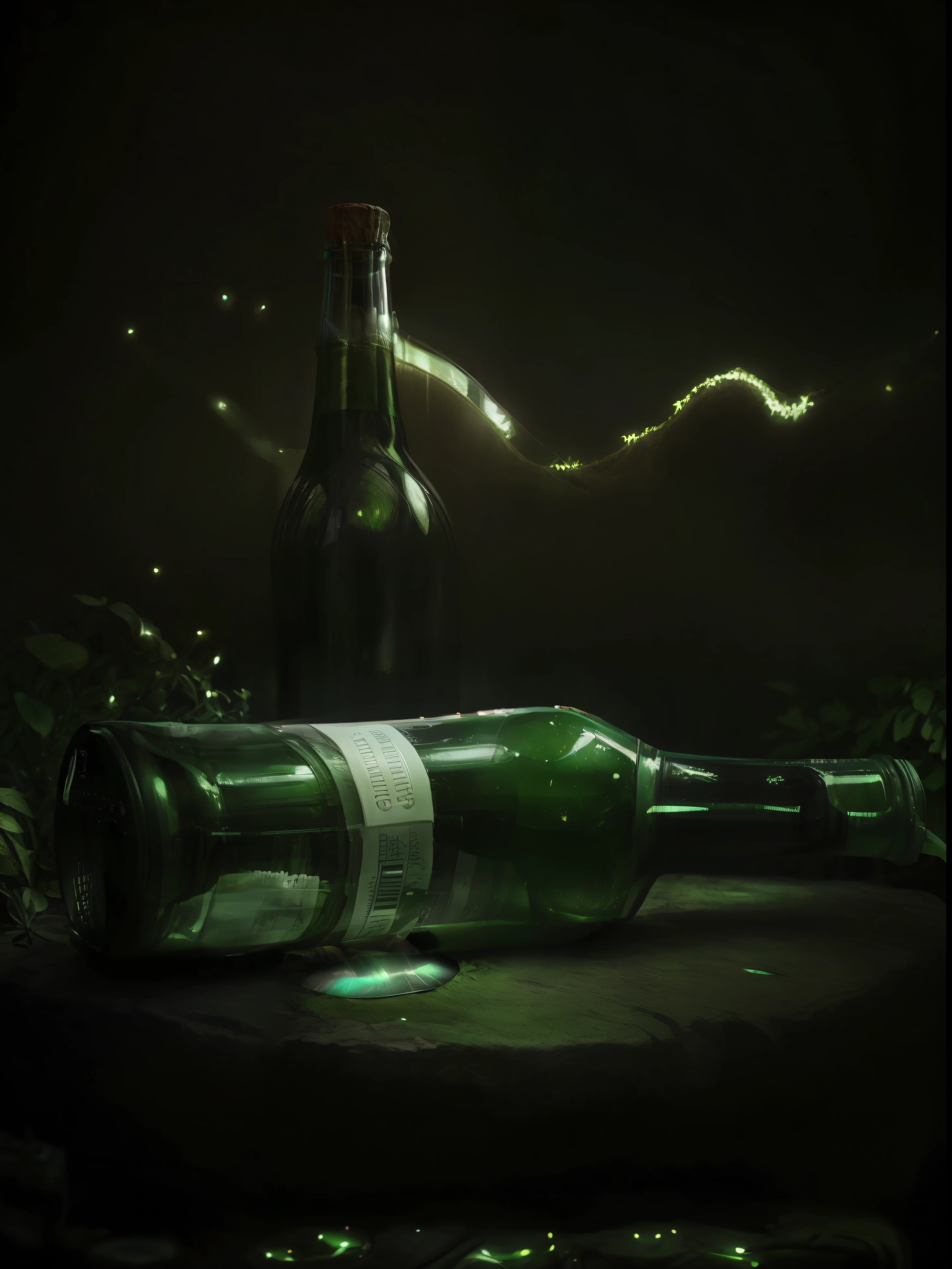 Simulate a backlighting effect to create a halo around the edges of the bottle.
Adjust the transparency of the bottle to enhance the illusion of light passing through. Give the glowy green colors to two bottles