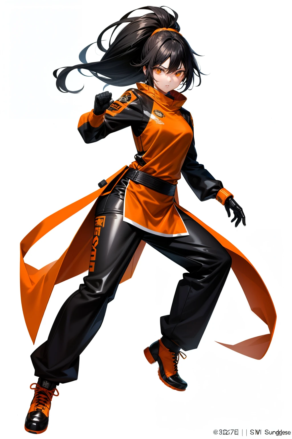 cute girl, Her hair is black, her eyes are black, and she wears orange combat gear, full body, sexy body, sexy, Kungfu clothes, old clothes, Combat movement, White background, adult girl