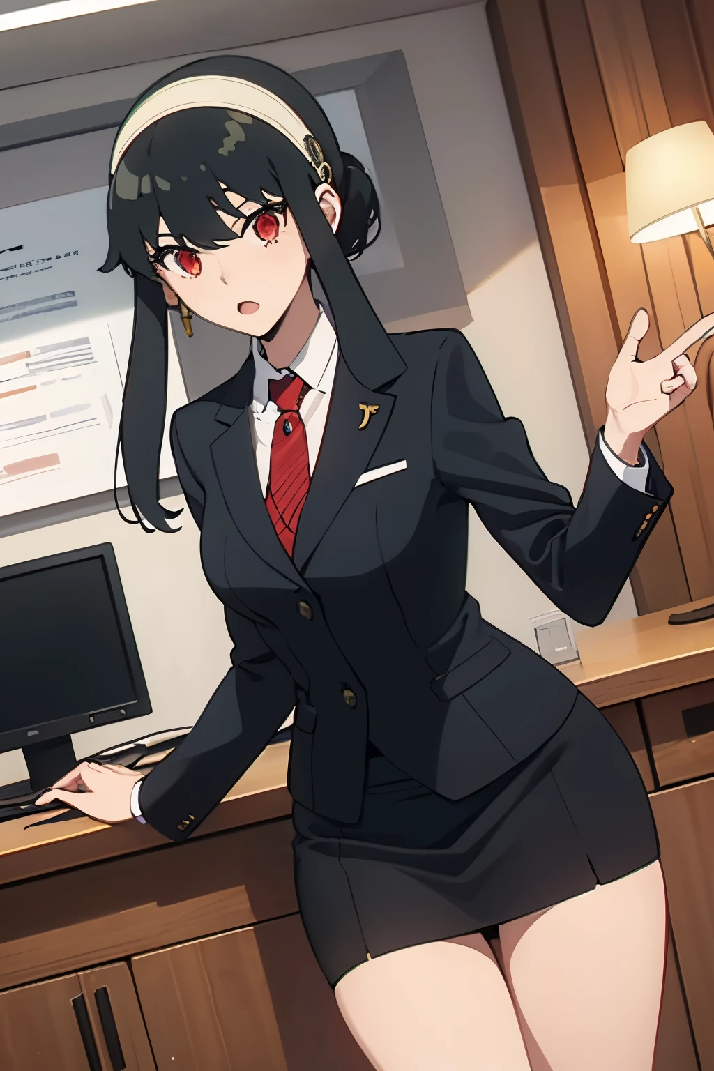 top-quality、​masterpiece、hight resolution、1girl in、Yor、A slender、 Bangs、side locks、shairband、 (Red Eyes:1.5)、Yellow Hairband、Black hair、Black hair、耳Nipple Ring、Business suits、Office Suits