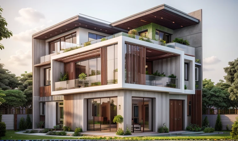 modernvilla,woodandbrick,cloud,trees,vine,architecture,building,vivid colour,masterpiece,best quality,super detailed,realistic,photorealistic,8k,sharp focus,a photo of a building,day,wood wall,white wall,