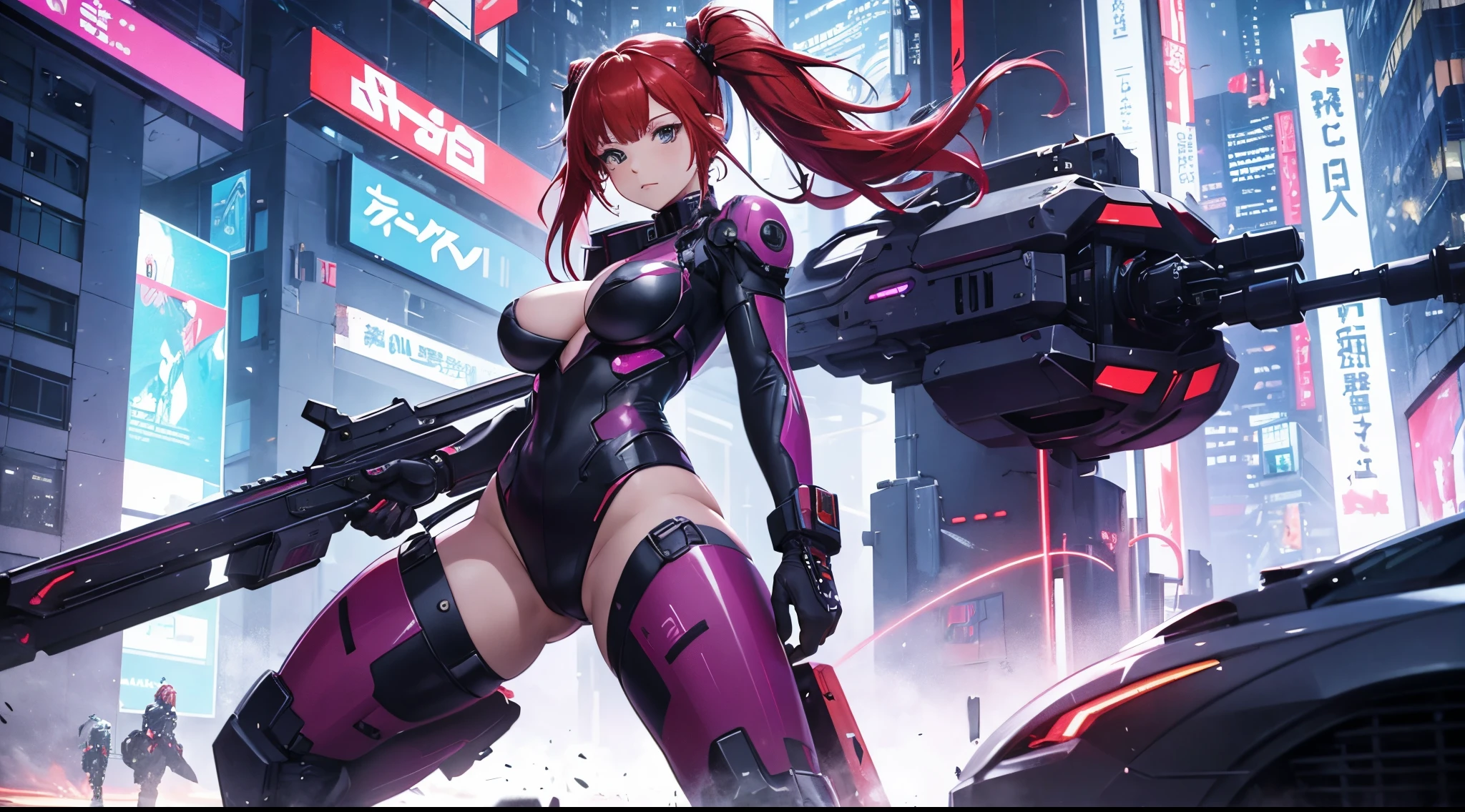 cyberpunk anime girl, safe for work, red hair, in a mecha suit, sugestive, hands out of the image, best quality, thicc hips, round but, medium breast, purple eyes, a snake tatoo on the shoulder