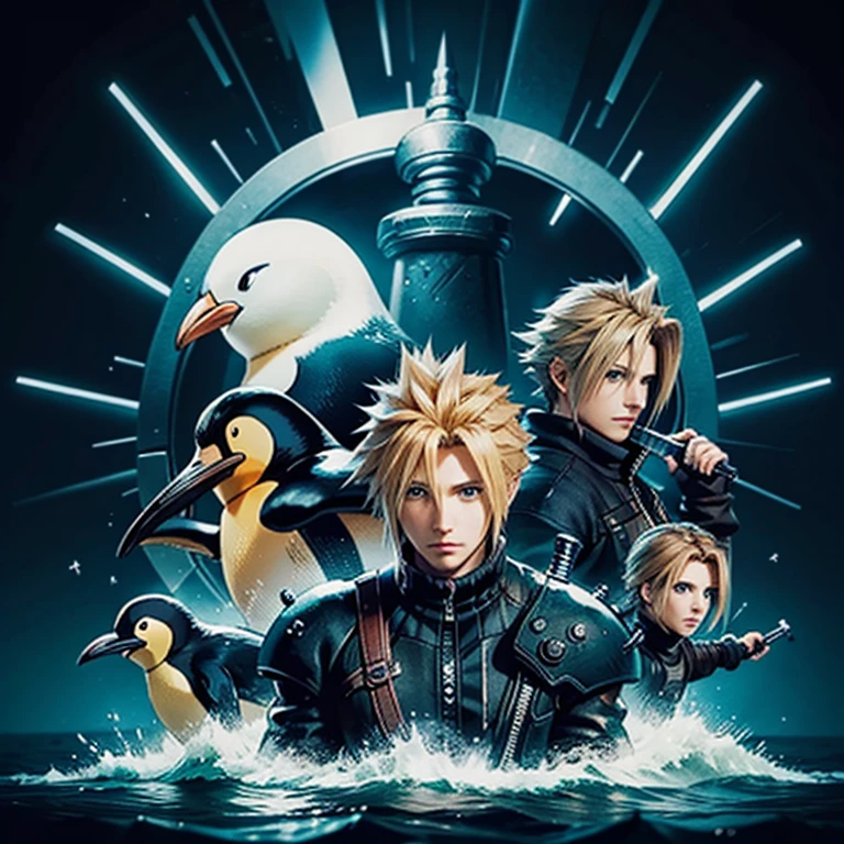 A man with a penguin head, Cloud Strife, Final Fantasy 7, big sword, replace face with penguin face, high quality