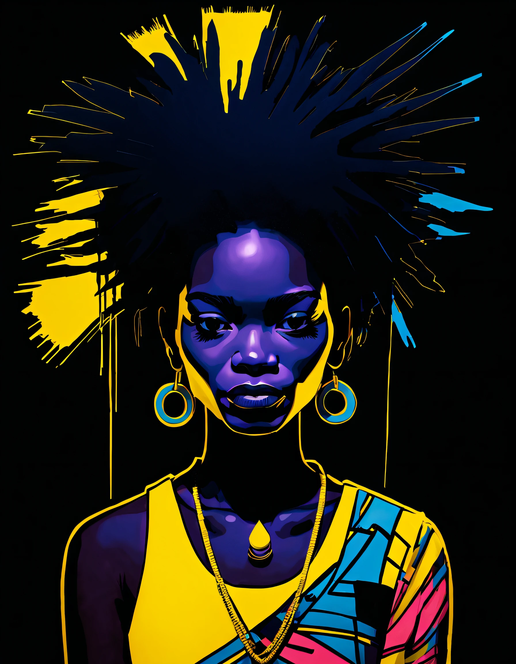 Black light art ，with black background，Tibetan women，Jean-Michel Basquiat (Jean-Michel Basquiat) Stylized, character concept design, Half a body，