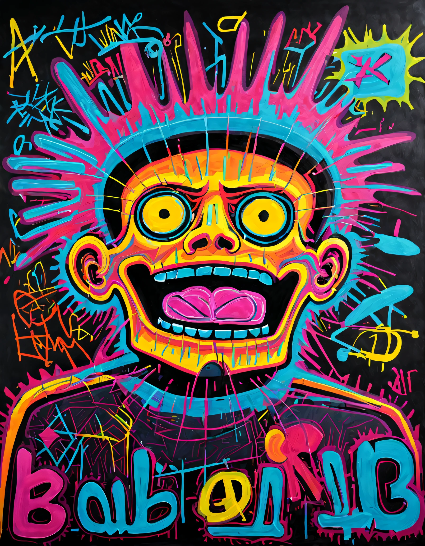 （Black light art） ，with black background，（graffiti wall），Jean-Michel Basquiat style,