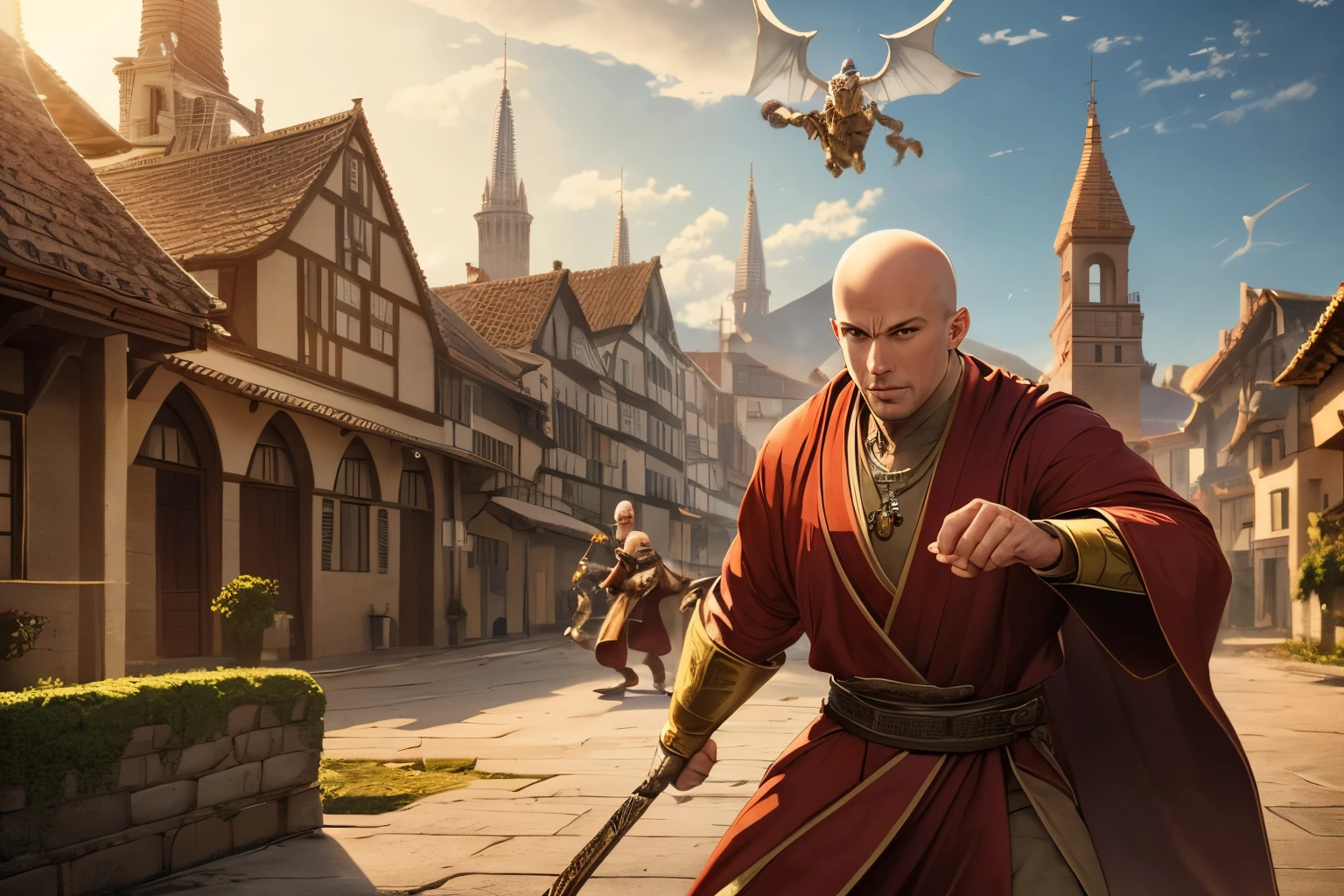 A bald monk of European descent. He has green eyes and red eyebrows. He is athletic and around 25. He is in a white robe with green trim. He has a holy symbol of Bahamut on a necklace. He is in a fighting stance. His fists have a bright yellow radiant glow. He is fighting in a European medieval village. The streets are over run with rats. He is fighting several human sized rats.