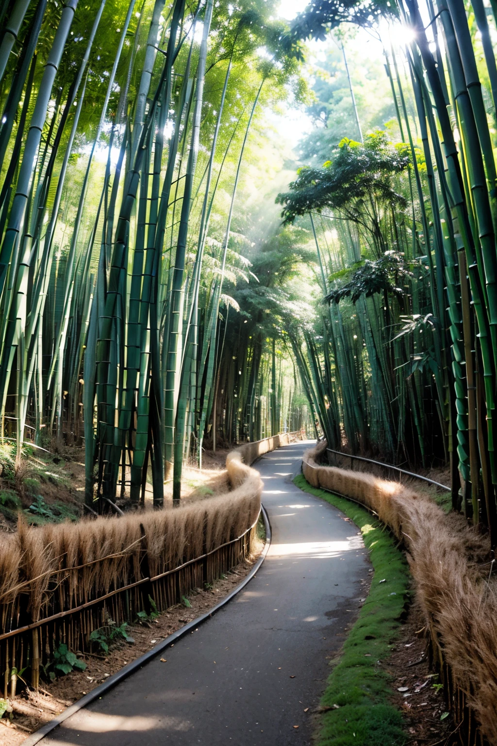 of a real, Soft lighting，dingdall effect，bamboo forrest，4K，eventide ，in a panoramic view，Artistic