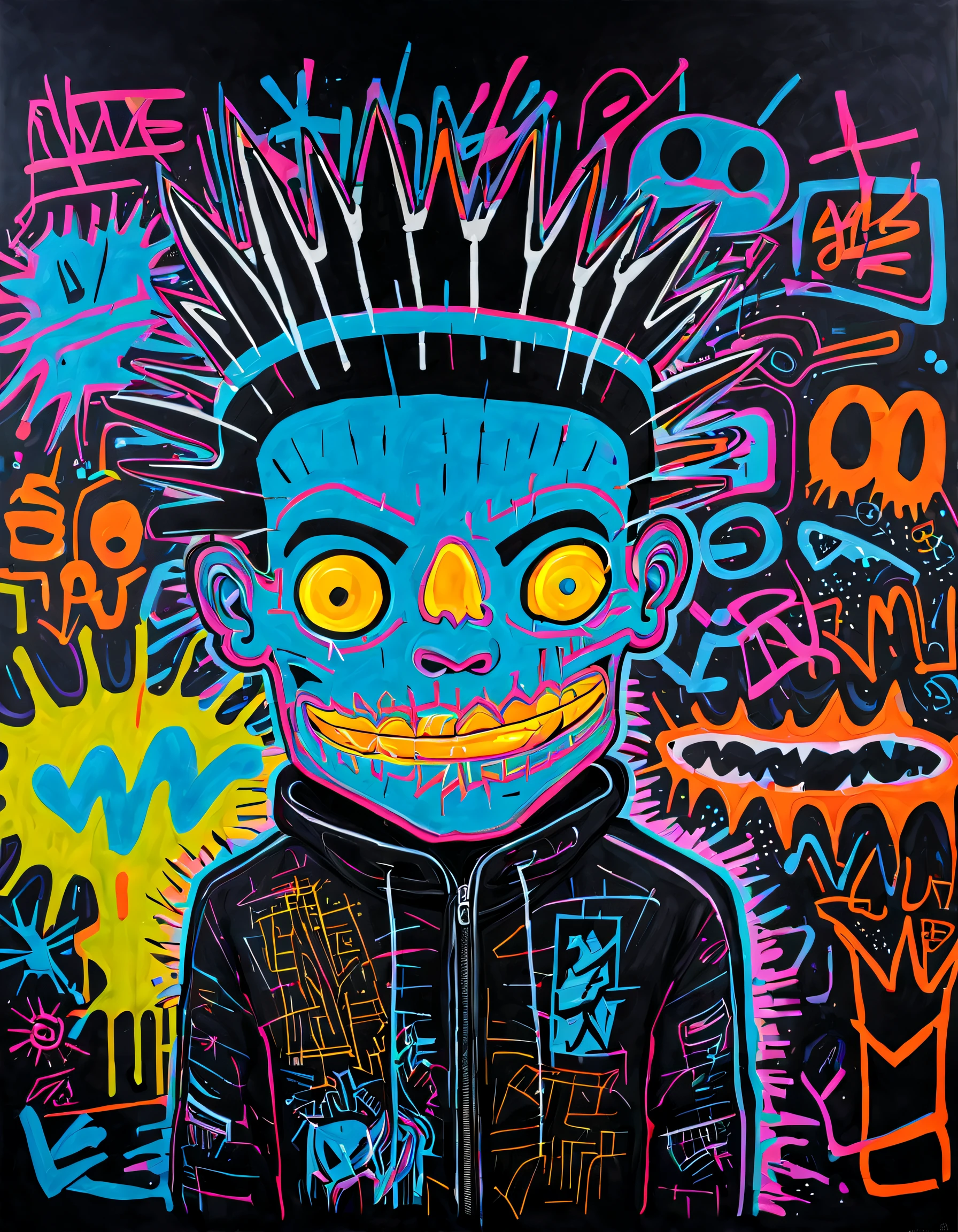(Black light art) ,with black background,(graffiti wall),Jean-Michel Basquiat style,