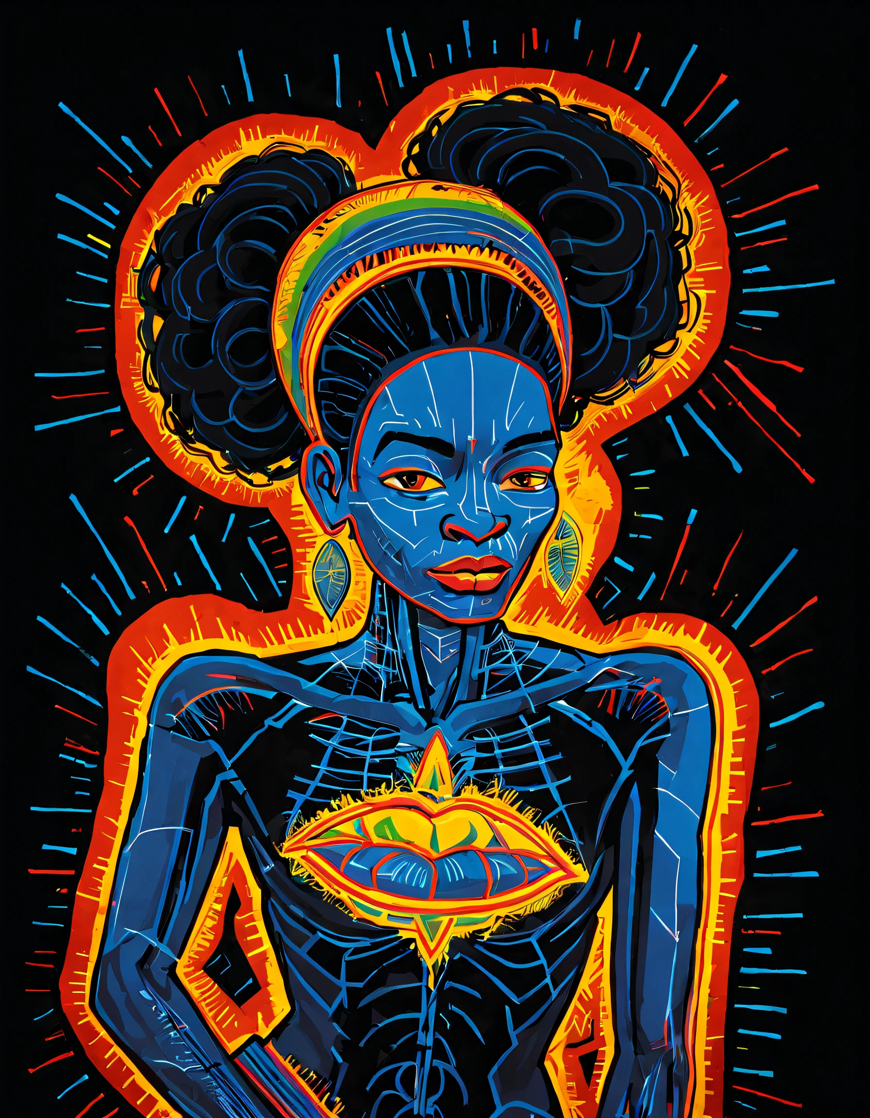 Black light art ，with black background，Tibetan women，Jean-Michel Basquiat (Jean-Michel Basquiat) Stylized, character concept design, Half a body，