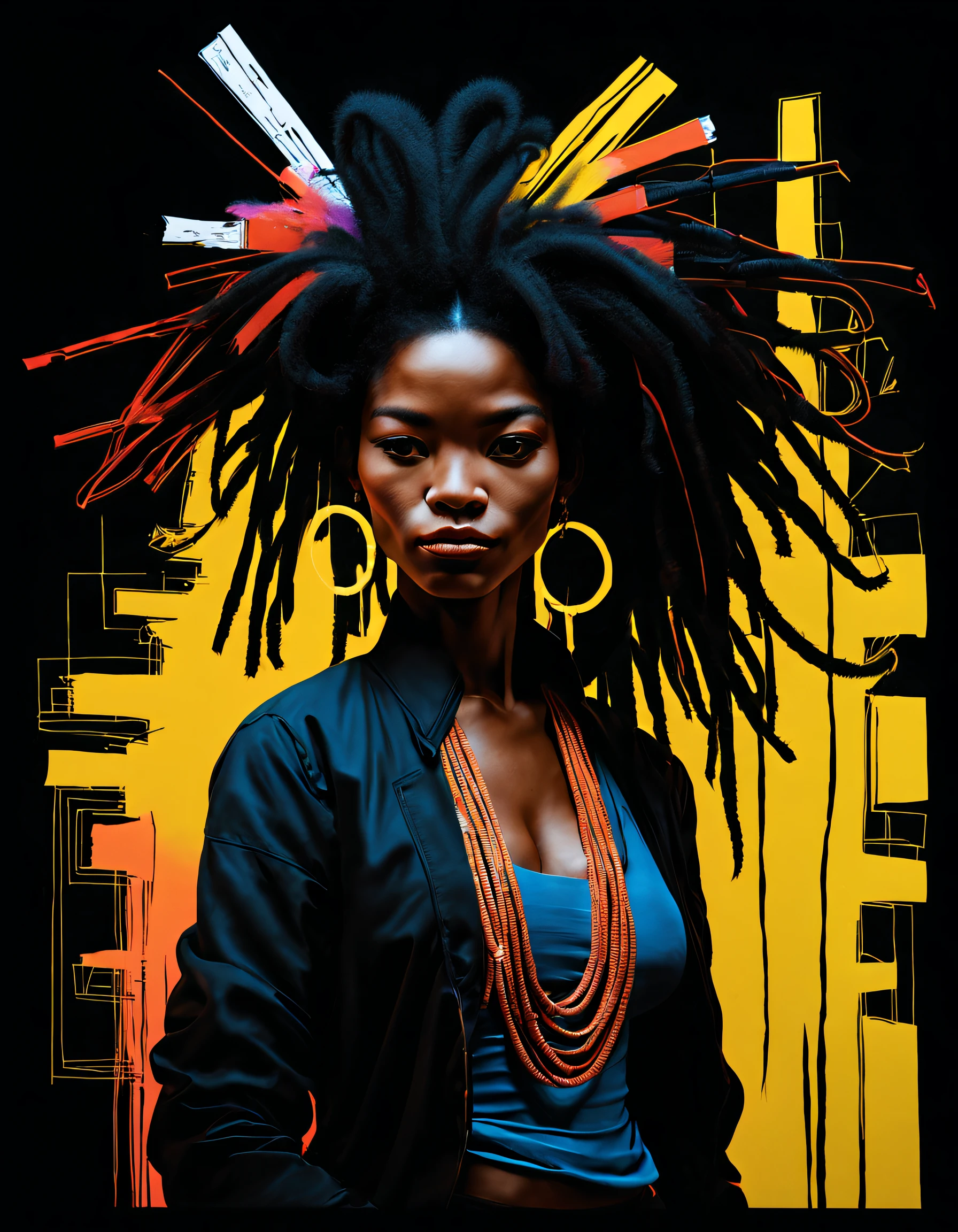 dark skin, ebony girl, (realy luxuriant afro-textured hair), messed rainbow hair, curvy, busty