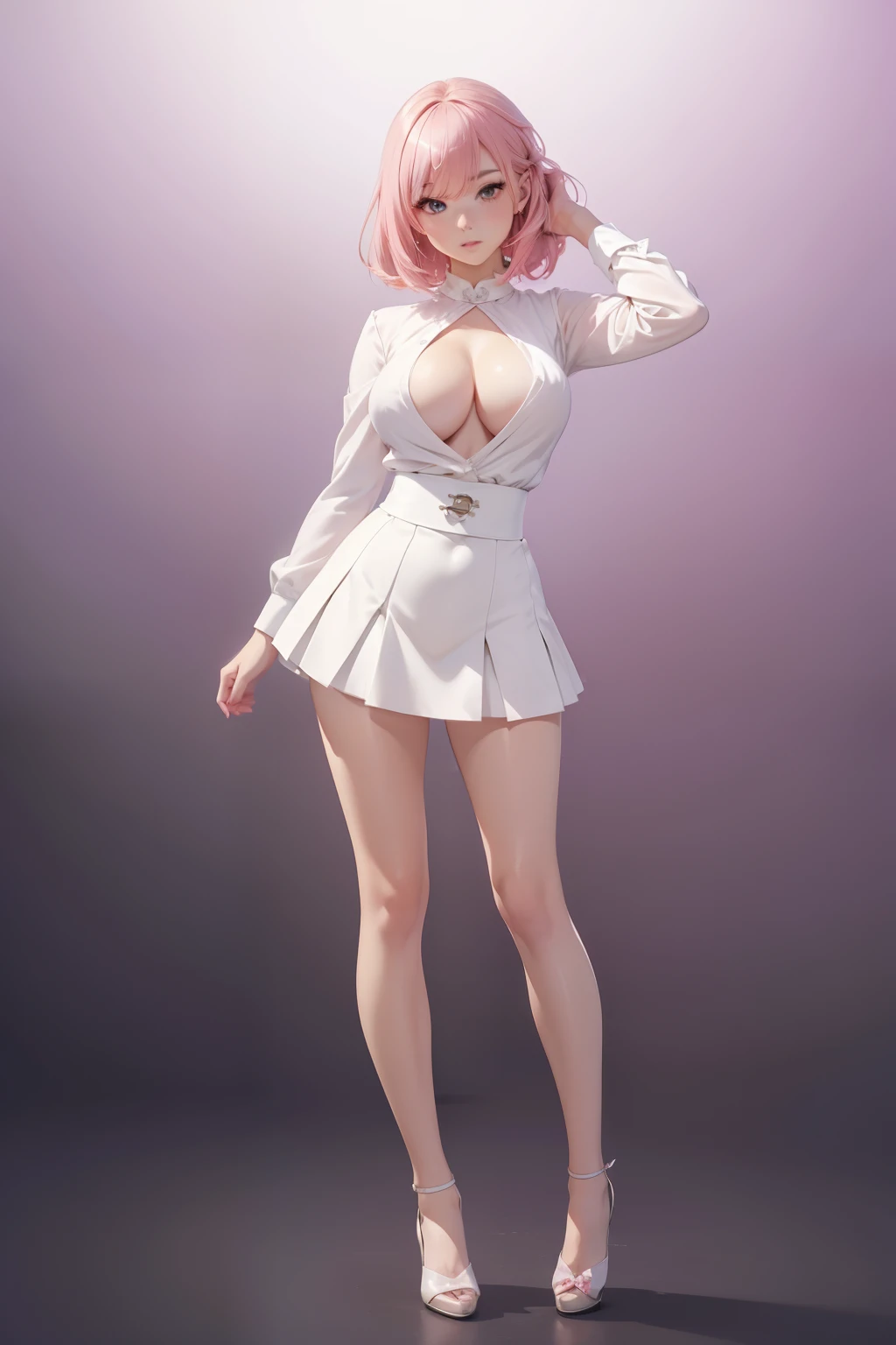 ((masterpiece, best quality, ultra-detailed, ultra-HD, photorealistic, cinematic)), alluring anime girl, average height, (surrealism), (wide shot, full body view:1.5), perfect body, sexy body, perfect face, perfect hands, delicate face, large cleavage, round ass, long round legs, anime - style image of a woman in a short silken skirt and white shirt, seductive anime girl, range murata and artgerm, extremely detailed artgerm, ilya kuvshinov and artgerm, krenz cushart and artgerm, leeloo sexy outfit, photorealistic anime girl render, (pink hair), (sensual pose, hands in the head), (gradient background:1.2), black eyes, detailed pupils, rosy lips, blushing, slightly parted lips, (revealing outfit)