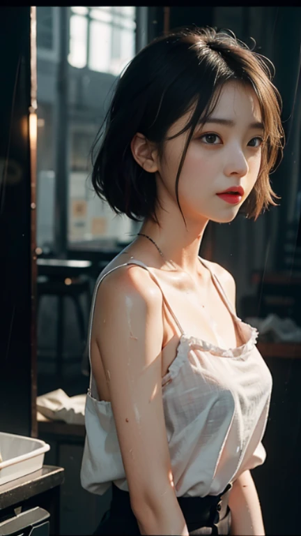 (((best quality))),(((ultra detailed))),(((masterpiece))),illustration,1girl, young,solo, slim,thin,shoulder length straight bob hair,small breasts,flat chest,standing,rainy night, heavy rain, drenched clothes, melancholy expression, solitude, tear rolling down cheek, wet hair, empty streets, dimly lit, deserted environment, sound of rain, footsteps, discarded umbrella, symbol of hope, abandoned, resilience, determination, walking in rain, heartbreak, loss, love fading, loneliness, body language, facial expression, dreary atmosphere, rain-soaked streets, somber mood, viewer engagement,full body