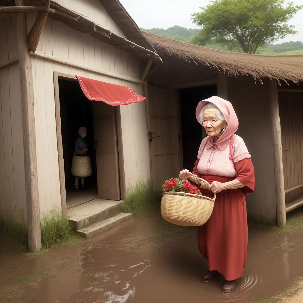 An old lady is carrying a basket in front of a mud house in the countryside,The basket is covered with straw,A corner of the red cloth peeks out from under the straw