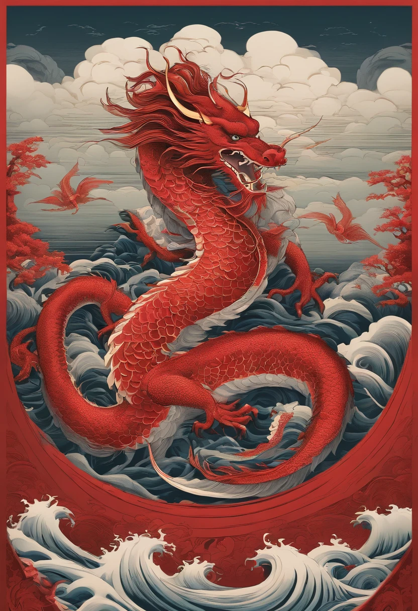 The graphic in the Ukiyoe style poster design is a red ocean, Red Chinese dragon in ink painting, and a combination of dragons, As a water god, Dragon King, Living in the North Sea, Control thunderstorms at sea, an ancient Chinese god, turtle, drank, The large, Stony, Super sharp,Realistic details,Auspicious clouds, depth of fields, Divine Thunder, fantasy coloring, romanticism lain, artistic décor, 电影灯光, depth of fields, spark of light, god light, ray traycing, ultra-wide-angle, first person perspective, wide wide shot, hyper HD, high high quality, high detal, ctextured skin, Best quality