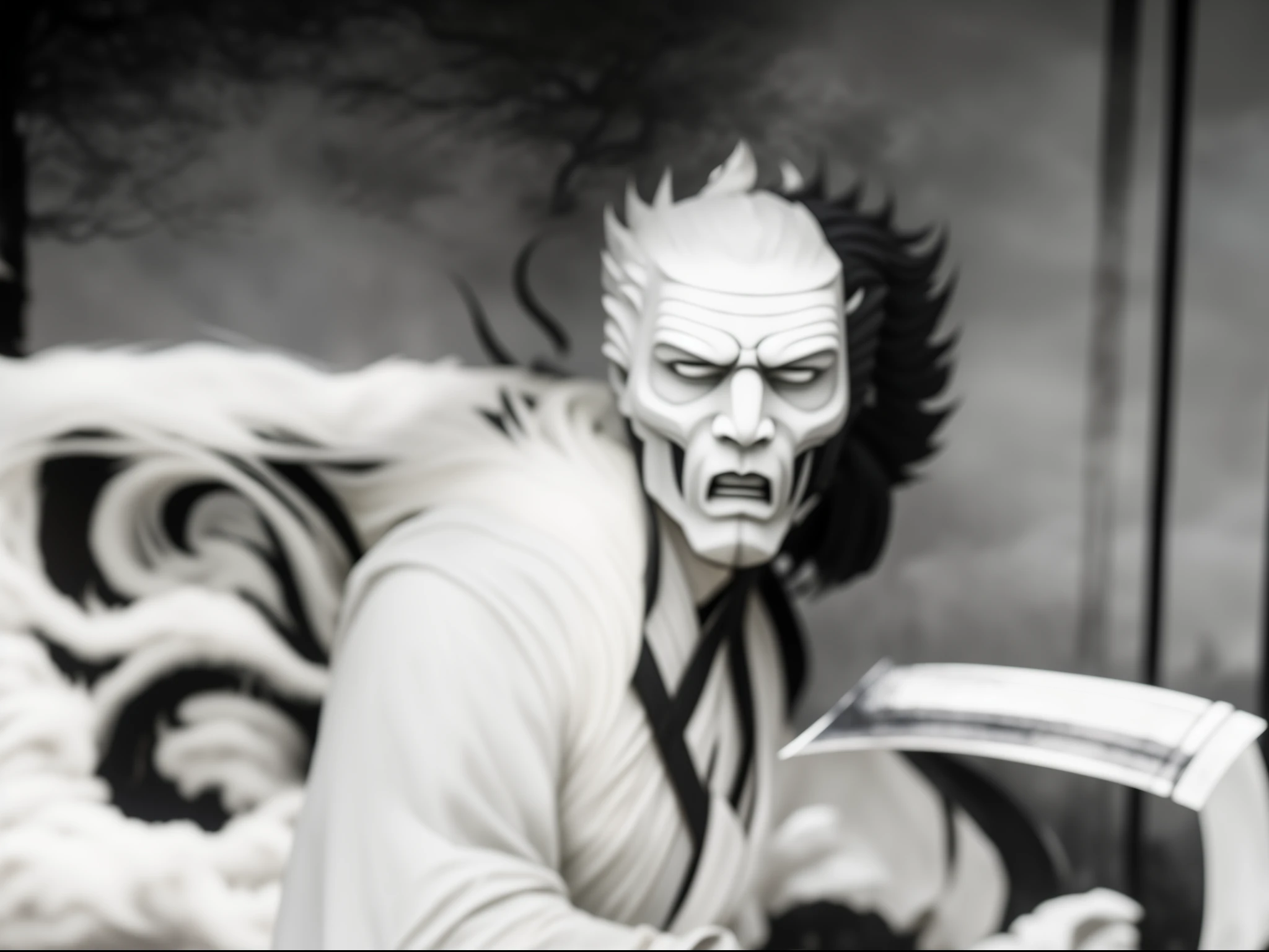 （They are samurai），（Wearing a demon mask），Solo，Upper body ，（long armament, sharp knife），magnificent artwork，（（Kyoto panel painting style）），Wind-effect：1.9，Cloud Effect：1.2，Full Rendering，Caustic soda coating, dark night