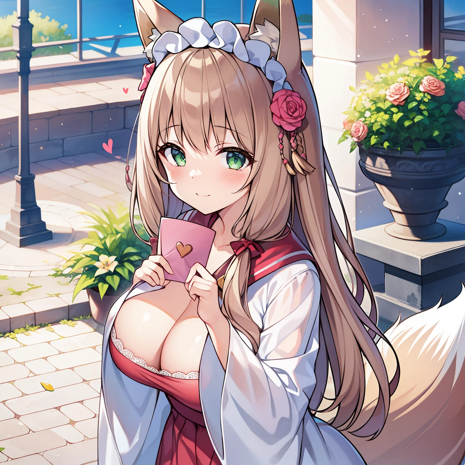 tmasterpiece，Highest resolution，8k wallpaper，Highest drawing quality)，1 girl，Alone，(Huge fox tail)，Long brown hair，Green-eyed，Small flower headdress，(21-year-old college student_C cups)，modernn architecture, A MILF，pure clothes，The girl handed me a love letter with both hands，Blushing and shy，Face-to-face perspective，