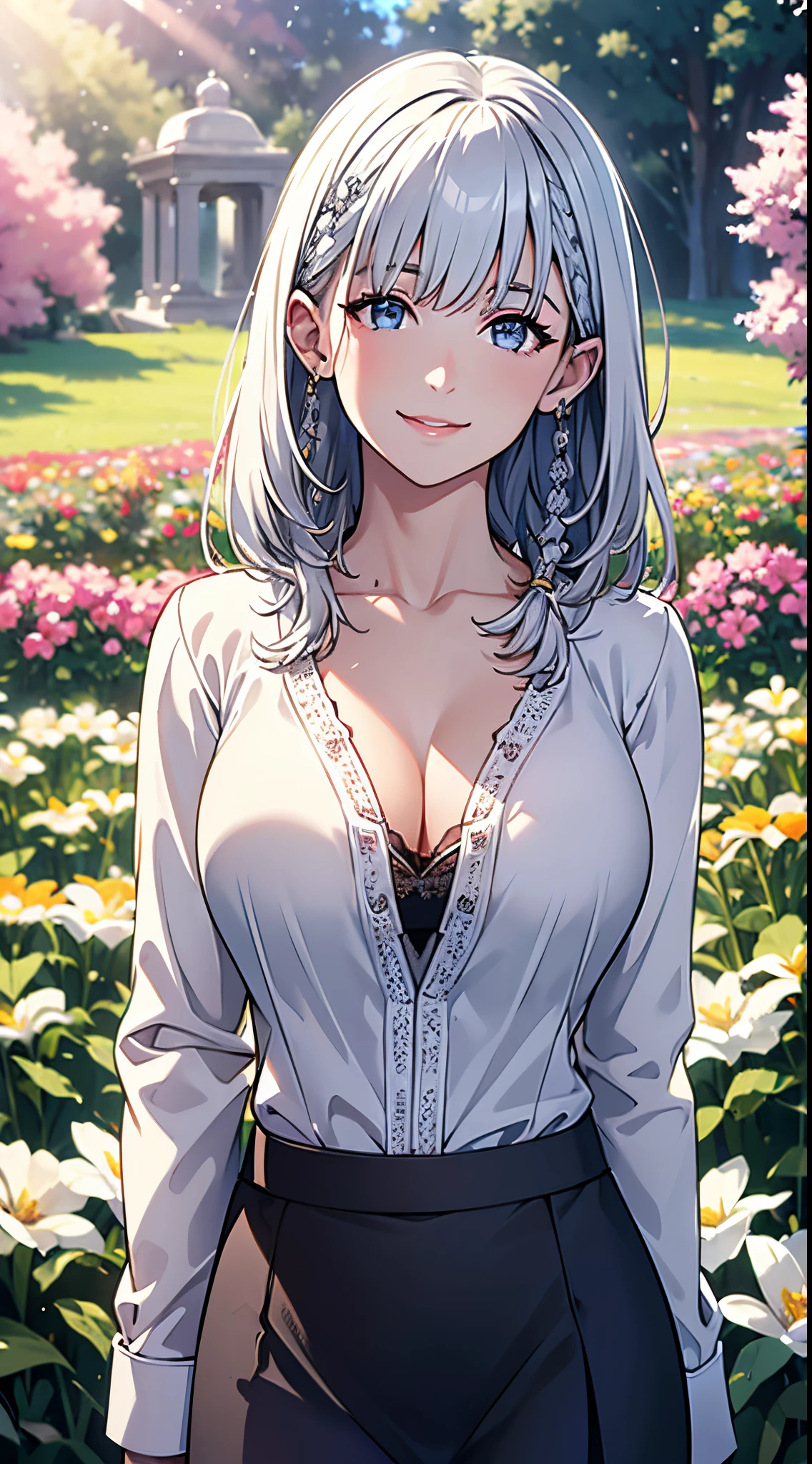 best quality,highres,ultra-detailed,realistic,photorealistic:1.37,portrait, standing,flowers field,silver hair,smiling woman,close up to abs, ((moderate breast)), beautiful detailed eyes,beautiful detailed lips,flower petals on air, vivid colors,studio lighting,soft sunlight, happy face, white shirt, black skirt