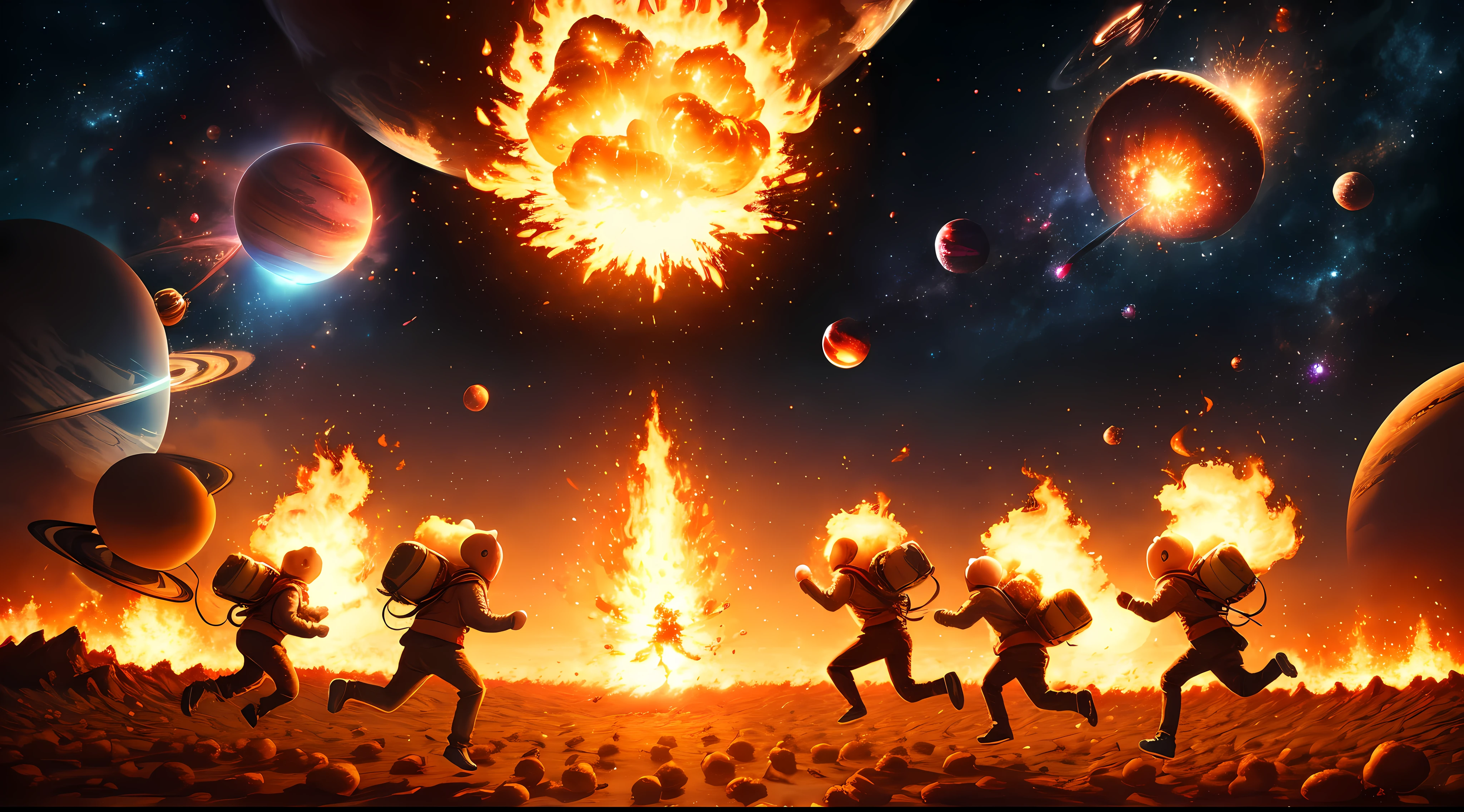 People run away from giant mashed potatoes on fire，The planet is exploding