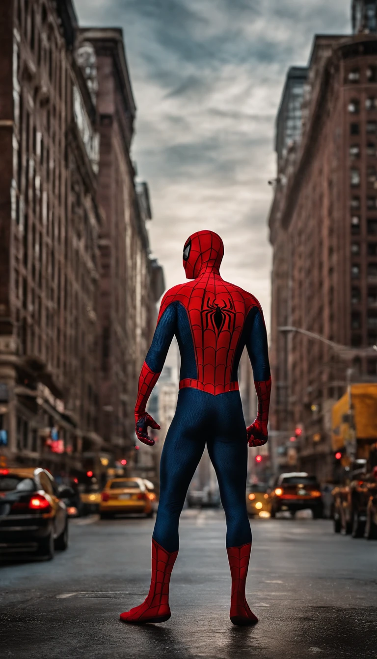 a man in a spiderman suit with a city in the background, Peter Parker, peter parker as spiderman, highly detailed spider - man, inspired by Alton Tobey, spider - man, spider-man, “hyper-realistic, andrew garfield, super highly detailed, style of marvel, spiderman, hot toys, tobey maguire