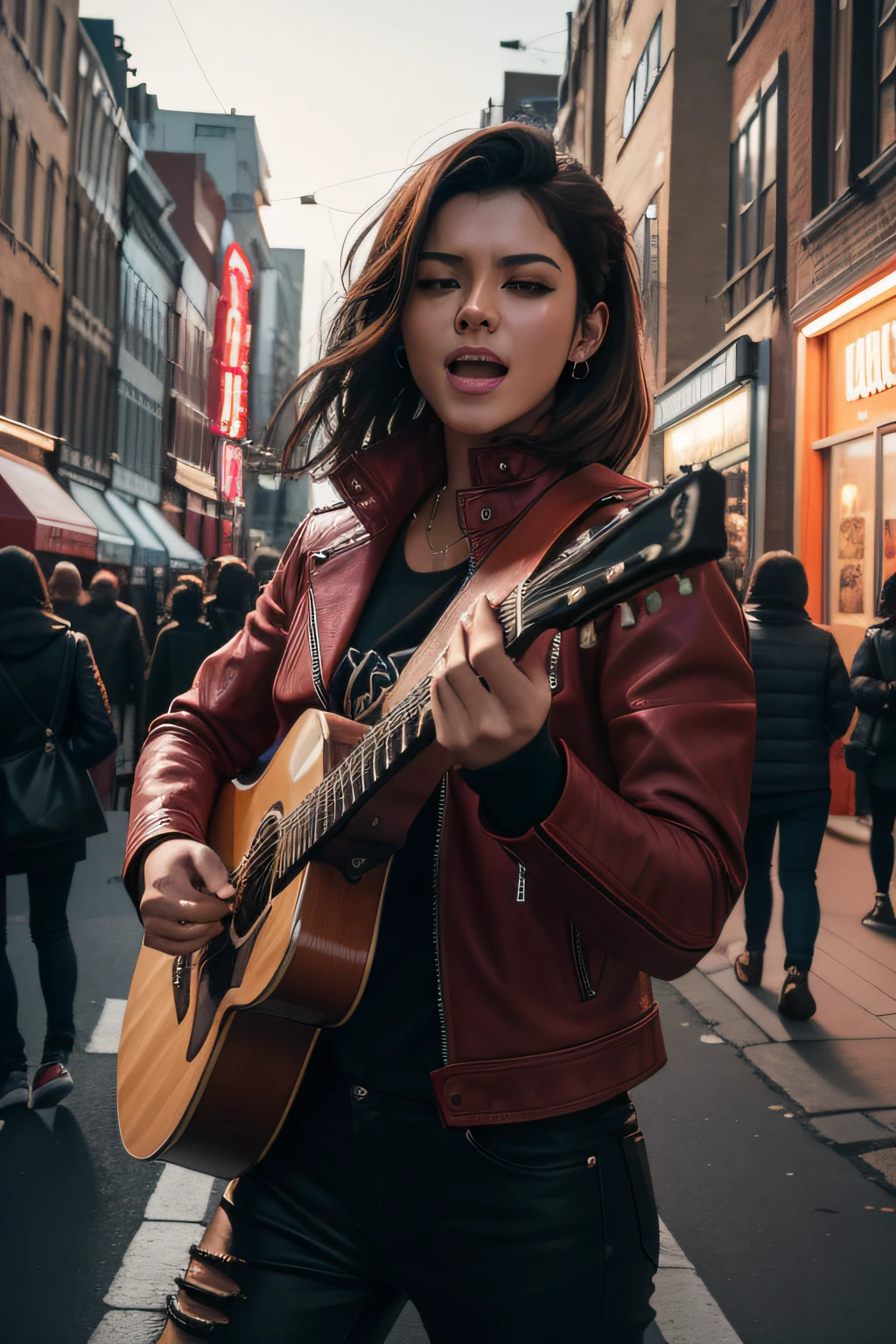 "Generate a top-quality, 8K masterpiece:1.3. A photo of a jubilant, passionate musician playing the guitar, wearing a vibrant red leather jacket, amidst a bustling urban street scene taken with a prime 50mm camera lens. The image features highly detailed textures, intricate skin tones, and utilizes dramatic cinematic lighting."