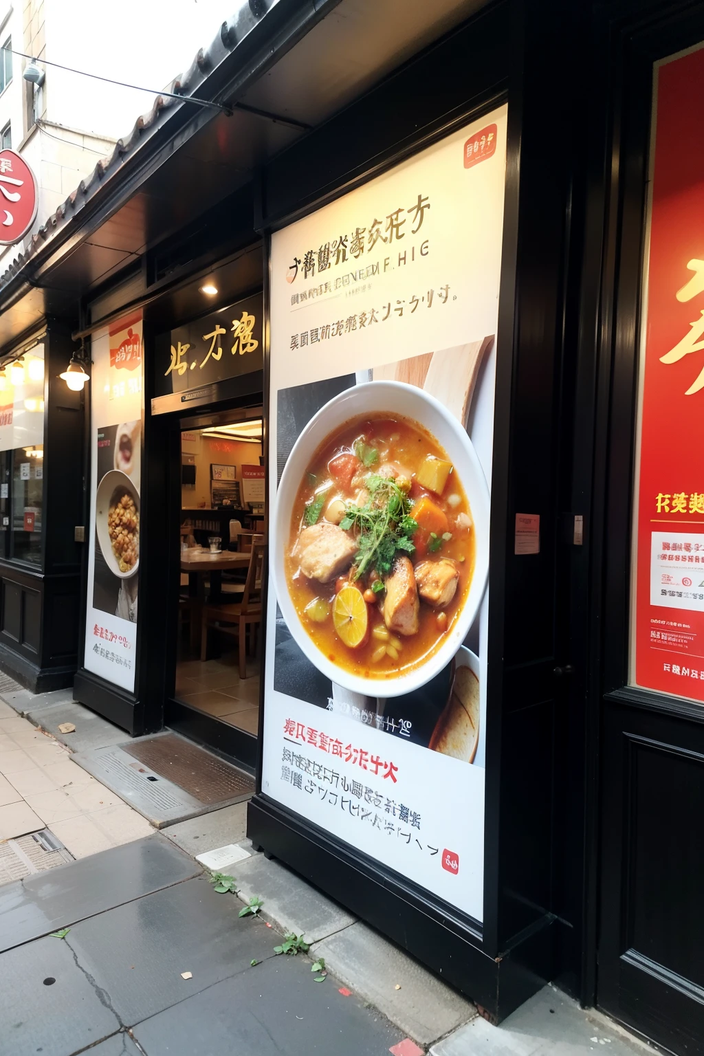 The community canteen is a Chinese restaurant,Outdoor advertising light box,Vertical version,The main dish is chicken stew,Highlight 20% off discount,Free pot bottom。Please help me with pictures and design advertising slogans