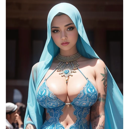 (masterpiece), best quality, Group people background,Mather big titts party people group see through dress with men Arabian details dress Dubai UAE Hijab, background people, tattoo, buddy tattoo designs ,street , blue eyes