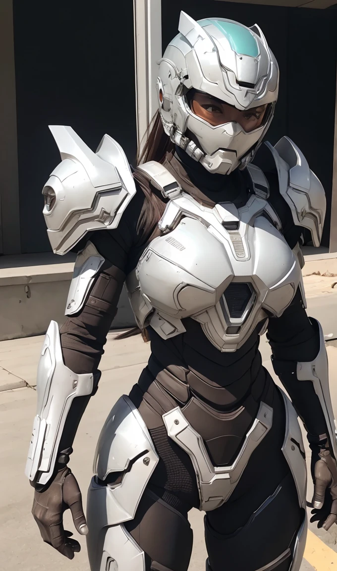 Textured skin, Super Detail, high details, High quality, Best Quality, hight resolution, 1080p, hard disk, Beautiful,(War Machine),beautiful cyborg woman,Red Mecha Cyborg Girl,Battle Mode,Girl with a Mecha Body,She wears a futuristic war machine weapon mech、sew hair together、Brown eyes、full of sweat、cute 