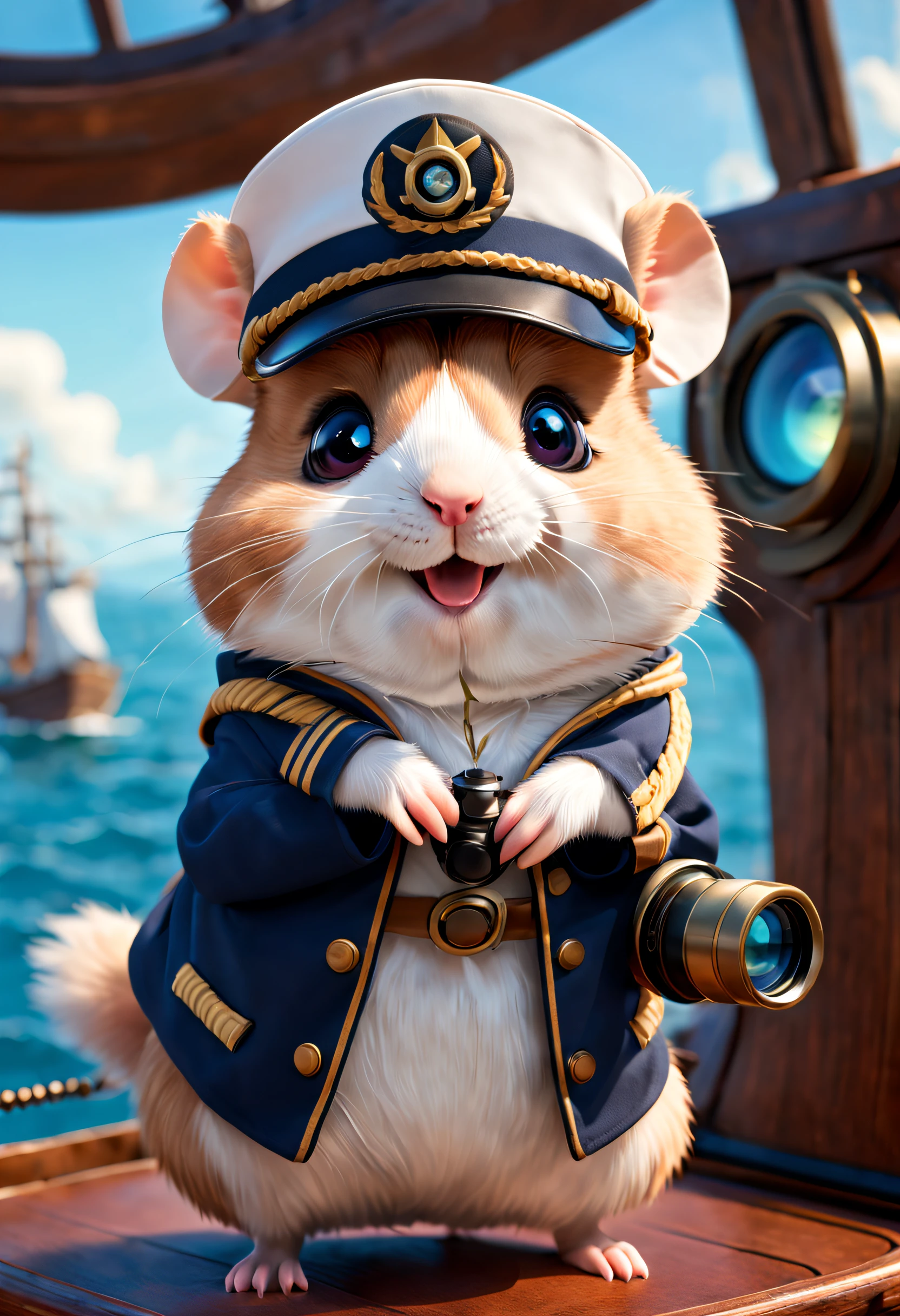 pixar-style, Super cute anthropomorphic smiling little hamster captain suit, holding a telescope，Captain's costume，Drive a ship with optics ，Gentle background , big bright eyes, ，Wearing a sailor's hat, Happy smile, Delicate and delicate, Fairytale, hyper-high detail, pixar-style, vivd colour, Natural soft light, 3 Rendering, gorgeous one, ultra-wide-angle, 8K, HD realistic,