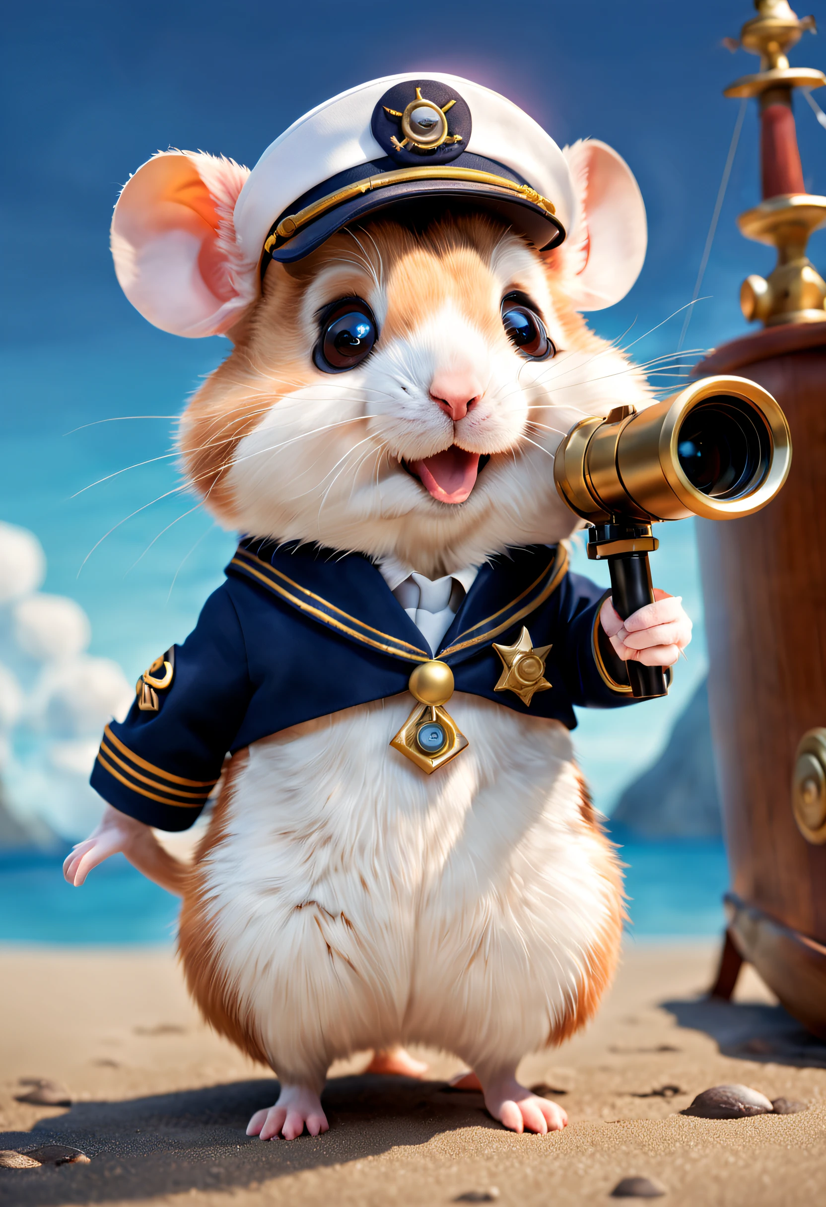 pixar-style, Super cute anthropomorphic smiling little hamster captain suit, holding a telescope,Captain's costume,Drive a ship with optics ,Gentle background , big bright eyes, ,Wearing a sailor's hat, Happy smile, Delicate and delicate, Fairytale, hyper-high detail, pixar-style, vivd colour, Natural soft light, 3 Rendering, gorgeous one, ultra-wide-angle, 8K, HD realistic,