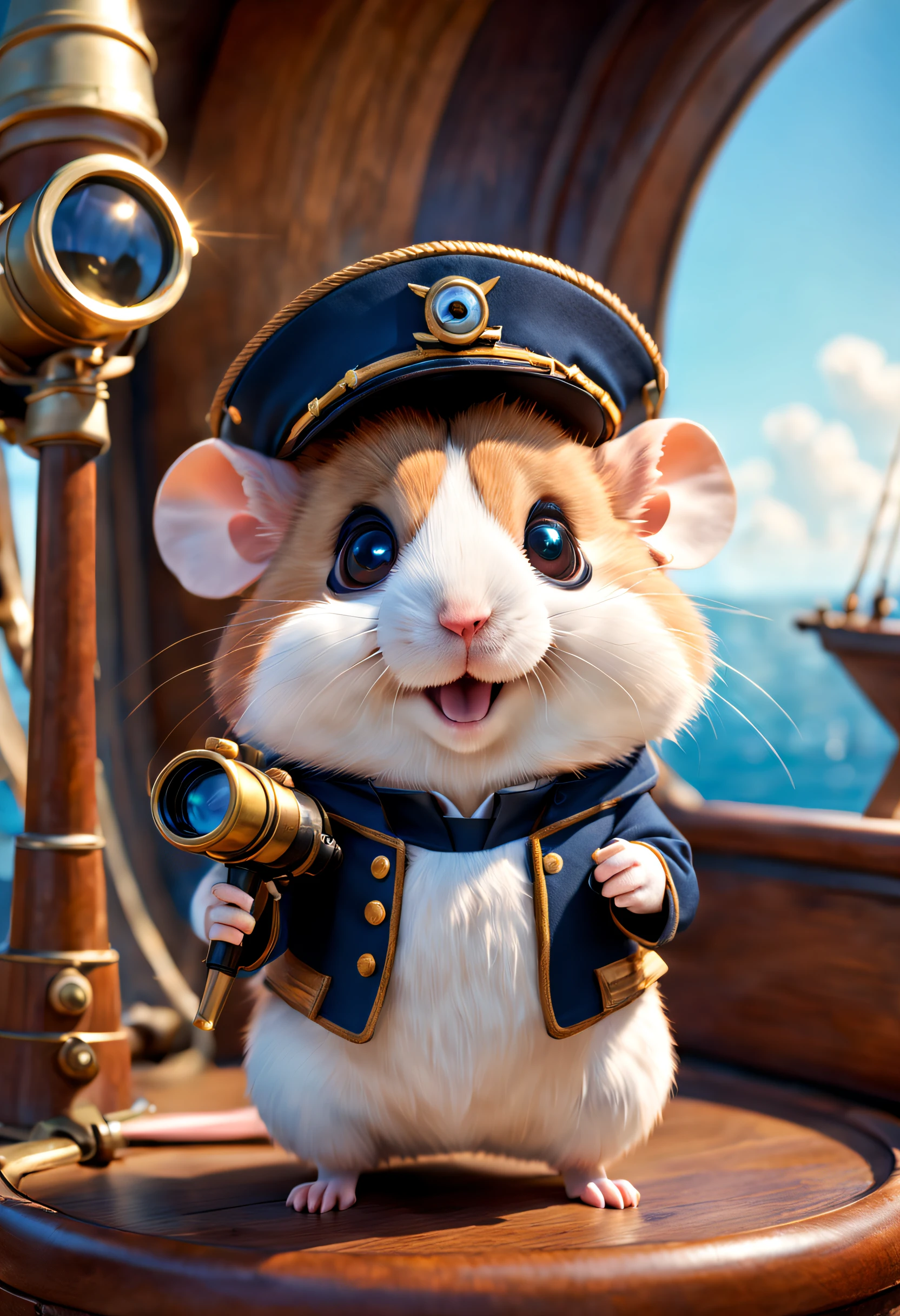 pixar-style, Super cute anthropomorphic smiling little hamster captain suit, holding a telescope，Captain's costume，drive a ship ，Gentle background , big bright eyes, ， Delicate and delicate, Fairytale, hyper-high detail, vivd colour, Natural soft light, 3 Rendering, gorgeous one, ultra-wide-angle, 8K, HD realistic,