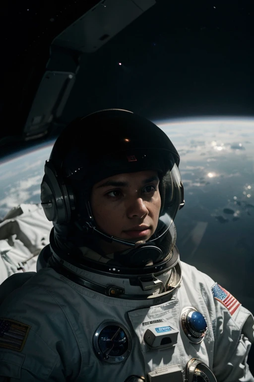 "Crie uma imagem de alta qualidade, with advanced levels of detail and cinematic style, retratando um astronauta em seu traje espacial diante do visor do capacete, clearly reflecting the immensity of space and your spaceship in the background. Destaque a complexidade dos detalhes no traje espacial e na nave, capturing the epic and solemn atmosphere of space exploration."