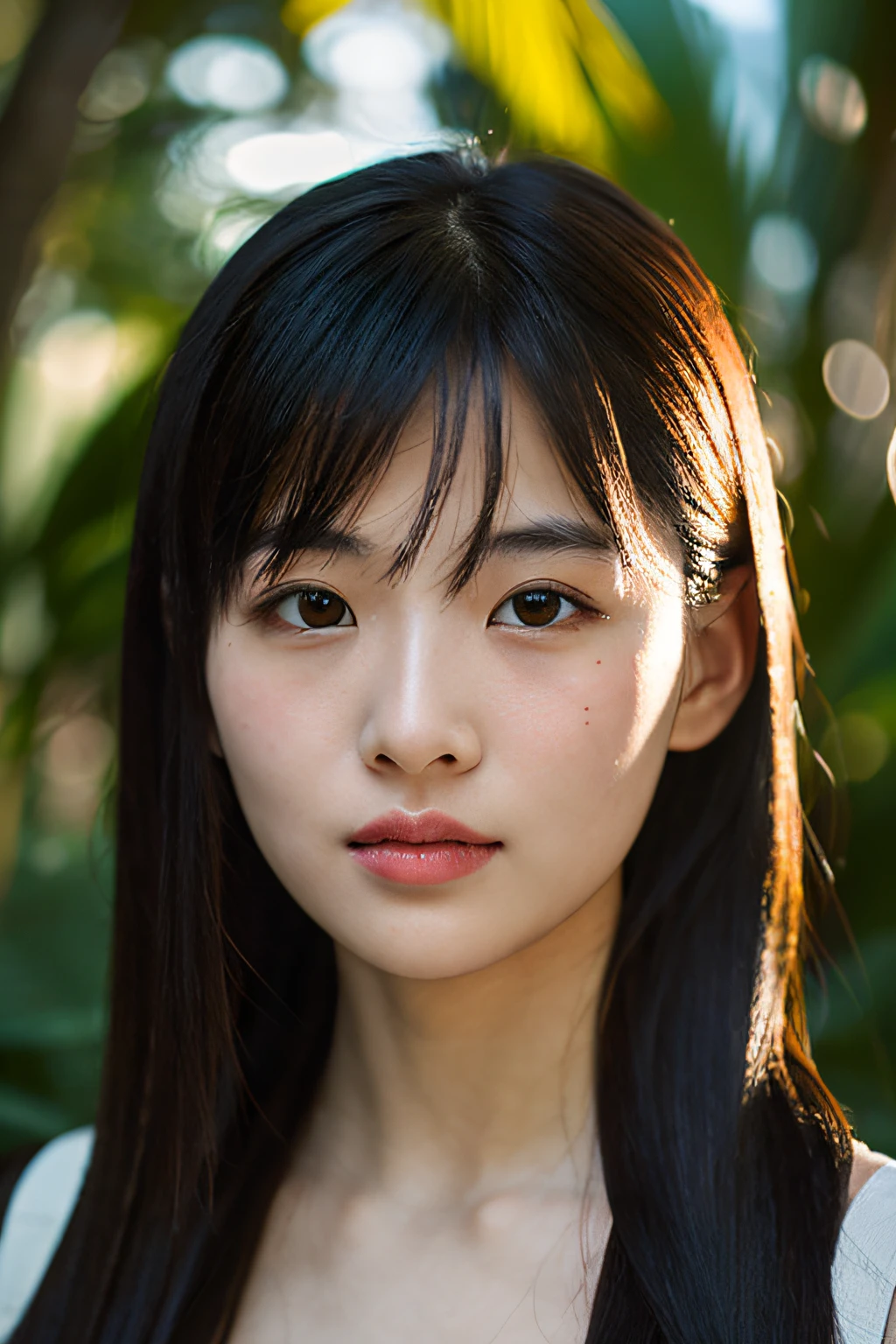 {top-quality}, {{​masterpiece}}, {extremely delicate and beautiful},Outstanding light and shadow, highly detailed wallpaper,Clear and bright sunlight,head portrait,1girl in,lightly dressed、Wandering gaze,red blush,Strong sunshine,Delicate hair,realistic skin textures, Pronounced pores and skin wrinkles,tropical rainforest,((strong light shines on the face)), The upper part of the body