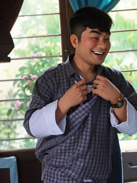 smiling man in plaid shirt adjusting his tie in front of window, earing a shirt laughing, nivanh chanthara, profile picture, wearing in shirt, wearing a shirt, inspired by Bohumil Kubista, looking happy, profile photo, in style of lam manh, assamese aesthetic, inspired by Yosa Buson