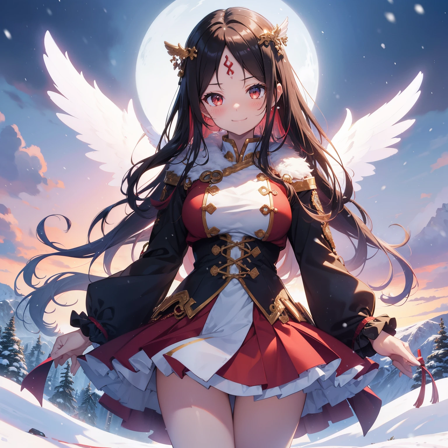 (masutepiece,Best Quality,8K),(extremely detailed CG1.1),s girl,Smile,large boob,(From below:1.2),Intricate details , Hyper realistic, Perfect Anatomy,A dark-haired,Red Eyes,(((Forehead))),Permed hair with wavy hair,(((length hair))),Hair over one eye,hair slicked back,Full body,(((angel costume))),blush,Happy smile,(((in snow mountain))),Lens Flare,Wind,Magnificent view,(chromatic abberation:1.3),Dynamic Angle,Cowboy Shot,Looking at Viewer,It's snowing,is standing