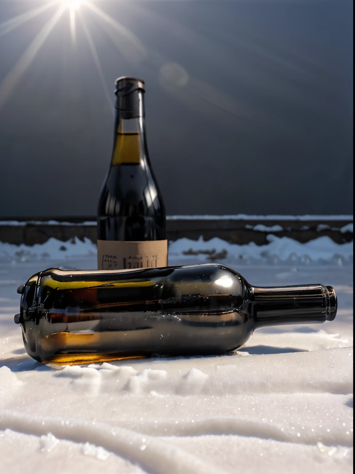 black vine bottle, lying on snow, snow falling, sun light