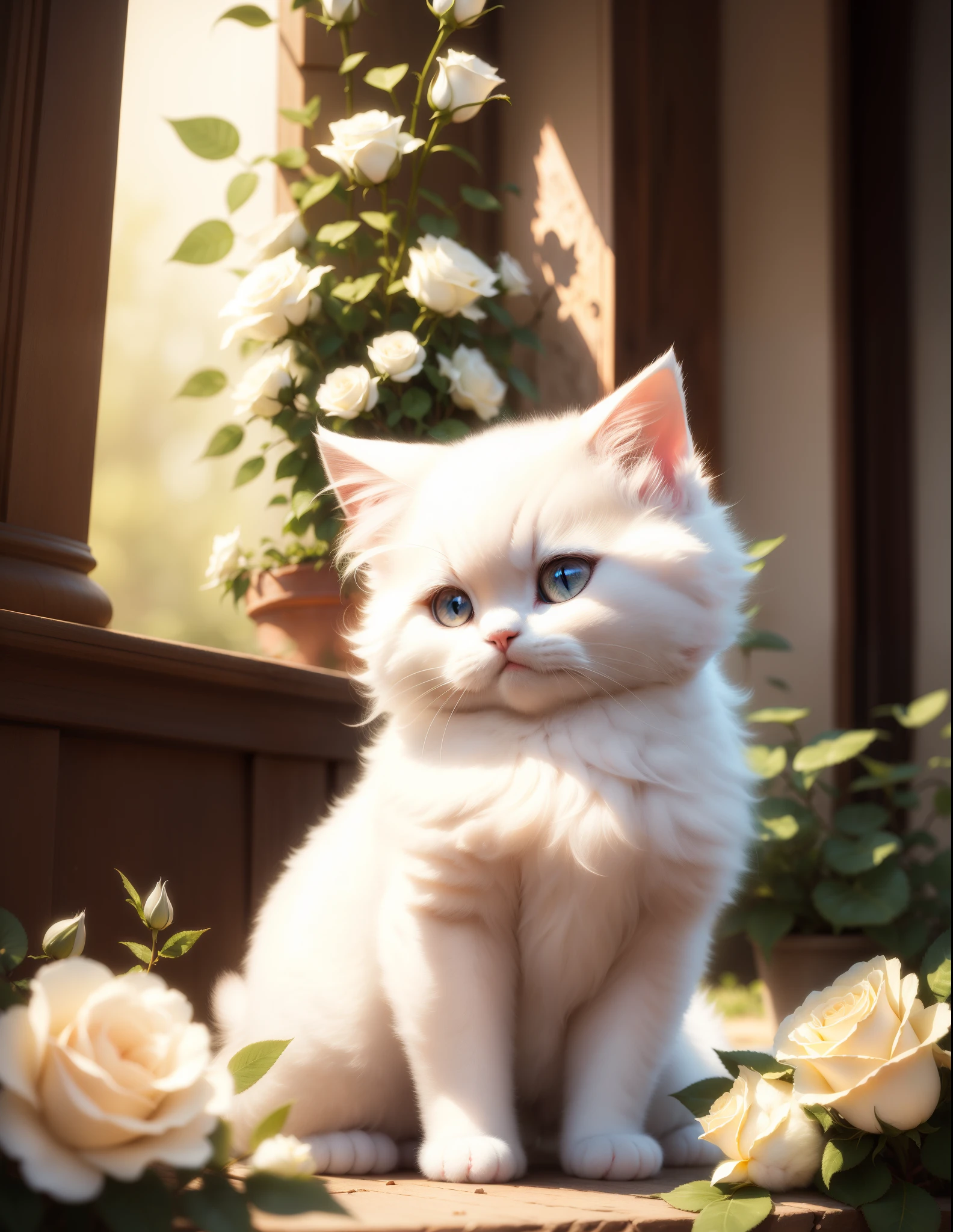 Masterpiece, fluffy white persian kitten sitting next to roses, hyper detailed, high-res photograph, opulent, bokeh, light bloom