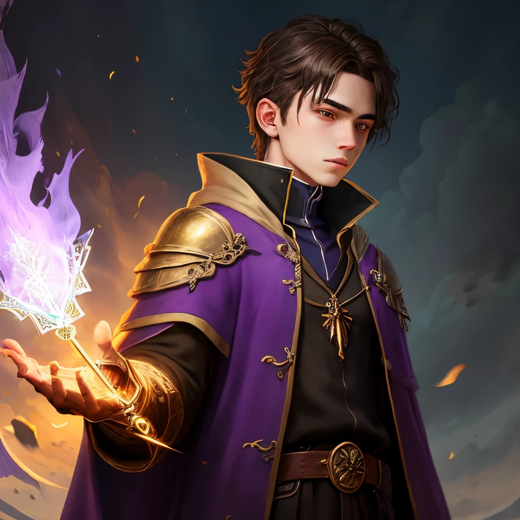 generates an image of a teenage wizard with purple gold and black colors