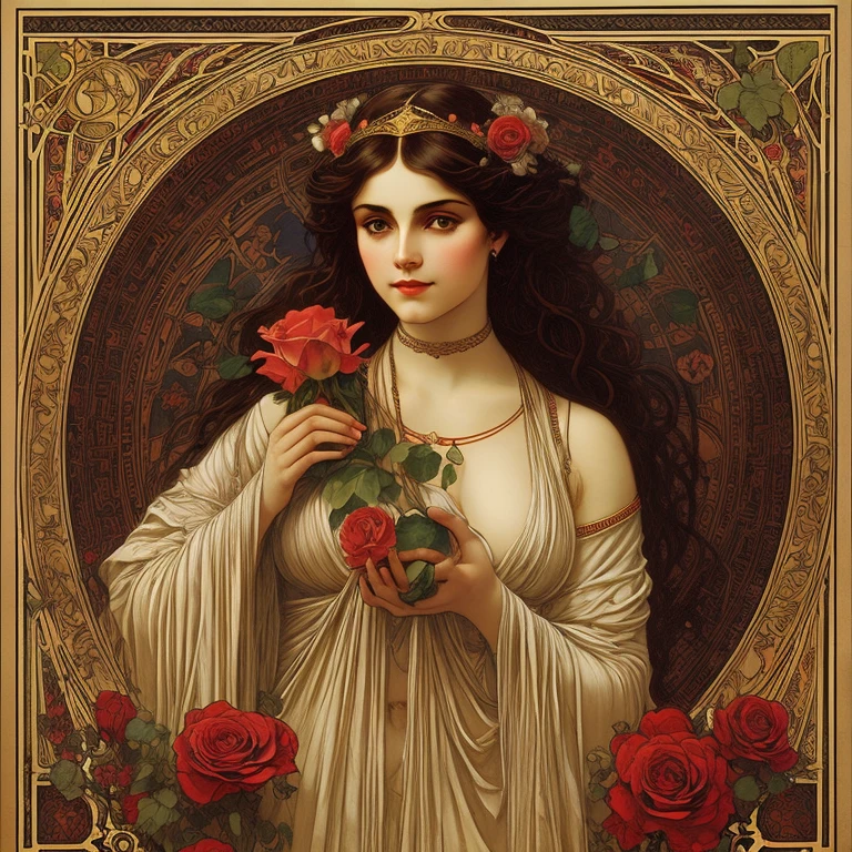 salome famous scene、art noveau、superior image quality、A red rose、by mucha、Salome、kiss the severed neck