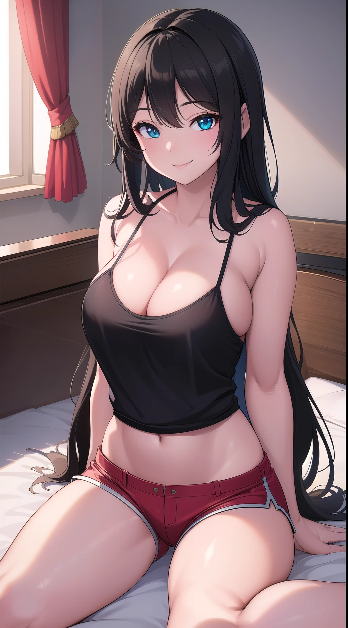 (best quality:1.5, highres, UHD, 4K, detailed lighting, shaders), black long hair, busty, camisole, hot pants, sitting on bed, smiling, cleavage, sexy, (pov, close shot), thighs, livestream platform
